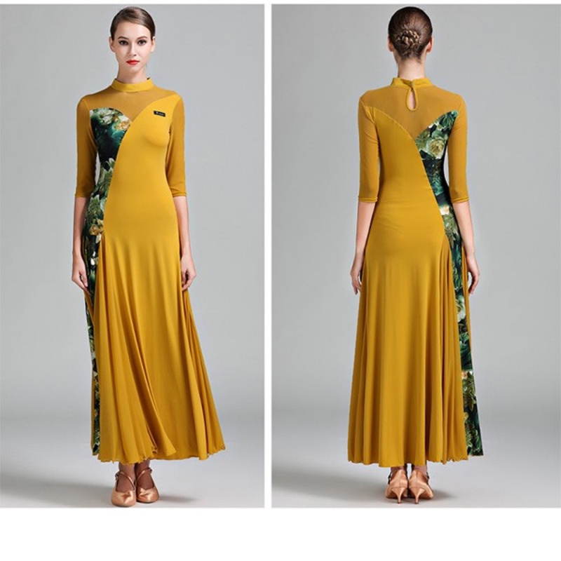 社交ダンス衣装 社交ダンス ドレス 社交 ダンス練習着 花柄 ワンピース 広がる裾 レッスン着 発表会 競技着 演出用 ストレッチ スタンダード ブラック イエロー S~3L コスプレ・衣装のVings