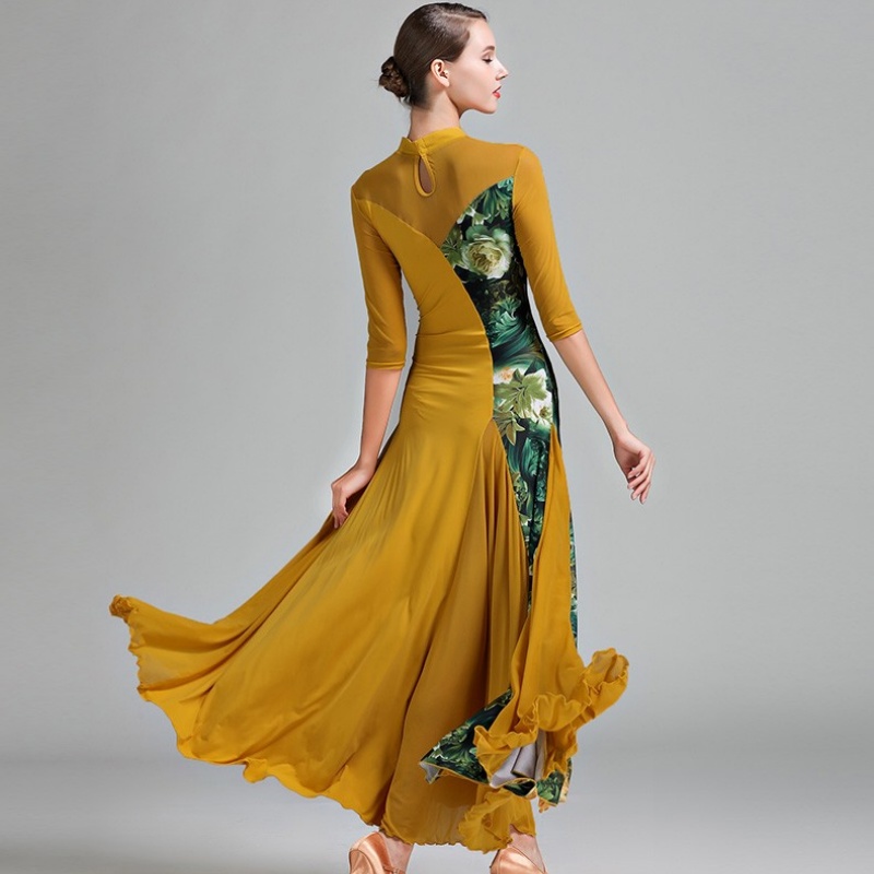 社交ダンス衣装 社交ダンス ドレス 社交 ダンス練習着 花柄 ワンピース 広がる裾 レッスン着 発表会 競技着 演出用 ストレッチ スタンダード ブラック イエロー S~3L コスプレ・衣装のVings