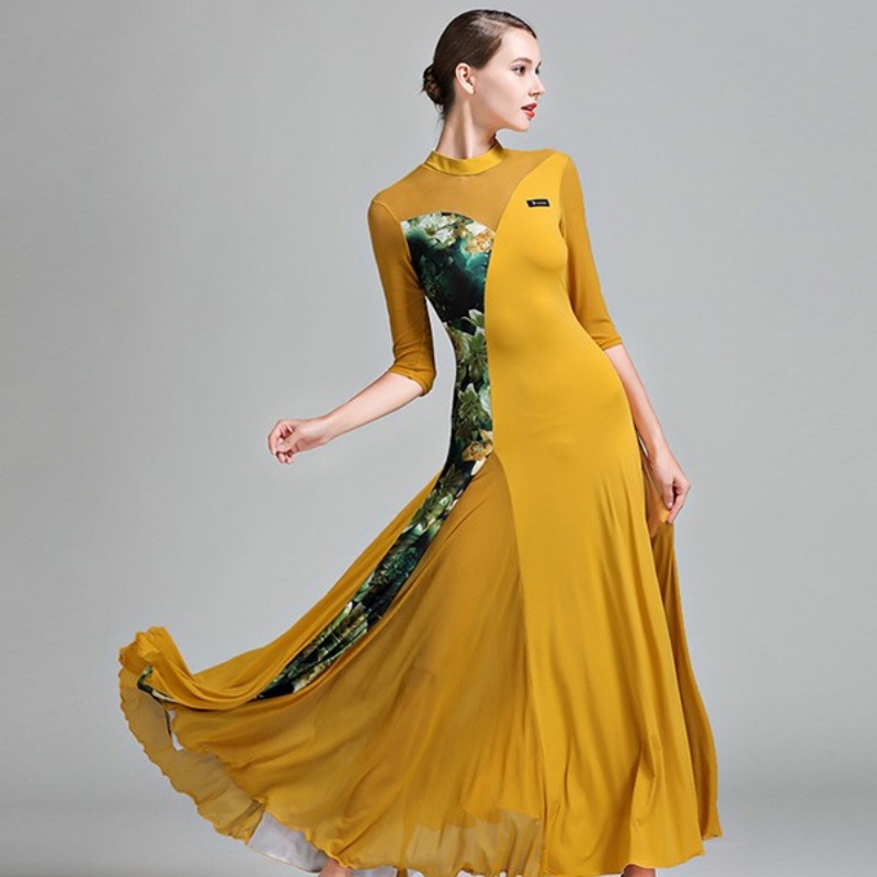 社交ダンス衣装 社交ダンス ドレス 社交 ダンス練習着 花柄 ワンピース 広がる裾 レッスン着 発表会 競技着 演出用 ストレッチ スタンダード ブラック イエロー S~3L コスプレ・衣装のVings