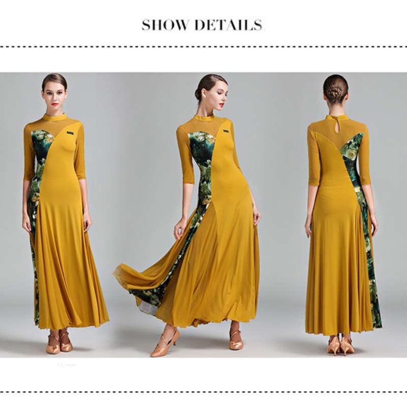 社交ダンス衣装 社交ダンス ドレス 社交 ダンス練習着 花柄 ワンピース 広がる裾 レッスン着 発表会 競技着 演出用 ストレッチ スタンダード ブラック イエロー S~3L コスプレ・衣装のVings