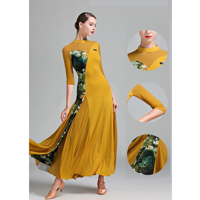 社交ダンス衣装 社交ダンス ドレス 社交 ダンス練習着 花柄 ワンピース 広がる裾 レッスン着 発表会 競技着 演出用 ストレッチ スタンダード ブラック イエロー S~3L コスプレ・衣装のVings