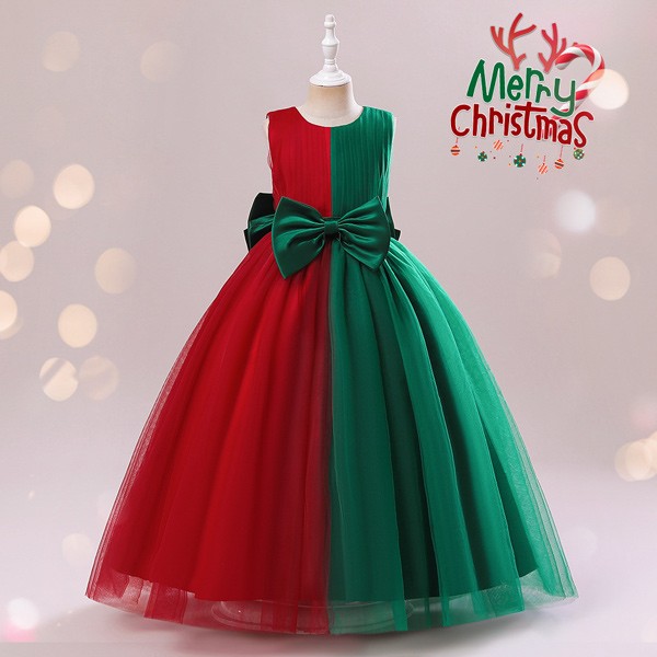 キッズドレス アシンメトリードレス ビッグリボン 切り替え クリスマス ドレス ロング丈 ノースリーブ 袖なし コスチューム衣装 子供ドレス パーティードレス カラードレス ワンピース お姫様 女の子 子供 かわいい ステージ 演出 イベント 写真用 レッド グリーン 140 150 160 170 コスプレ・衣装のVings