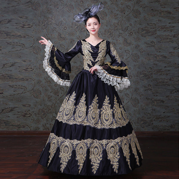 貴族風ドレス 刺繍 ロングドレス  黒 コスプレ・衣装のVings