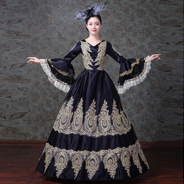 貴族風ドレス 刺繍 ロングドレス  黒 コスプレ・衣装のVings