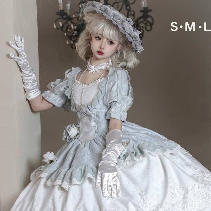 ロリータ 可愛い 萌え萌え リボン ワンピース Lolita ロング丈 レディース コスチューム お嬢様 パーティー 仮装 演出 ステージ 学園祭 文化祭 イベント ブルー S M L コスプレ・衣装のVings