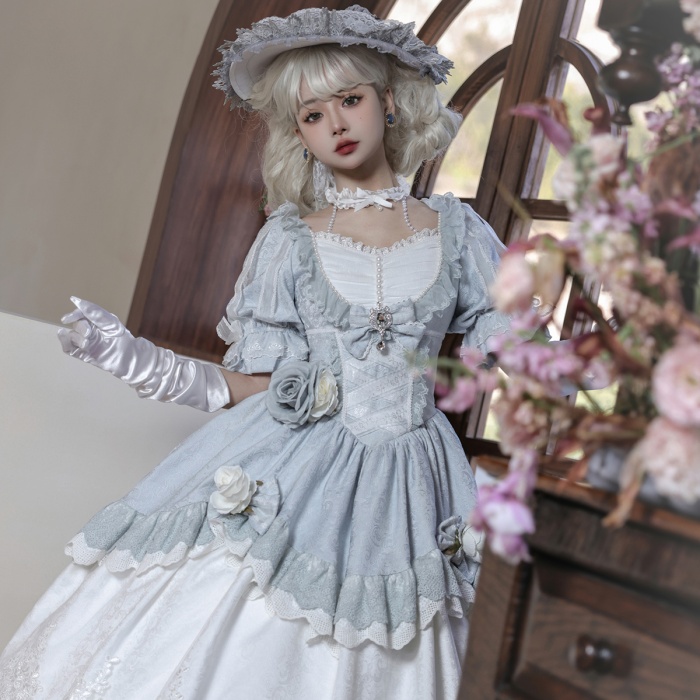 ロリータ 可愛い 萌え萌え リボン ワンピース Lolita ロング丈 レディース コスチューム お嬢様 パーティー 仮装 演出 ステージ 学園祭 文化祭 イベント ブルー S M L コスプレ・衣装のVings