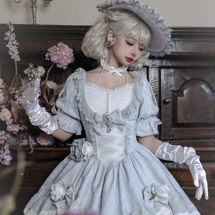 ロリータ 可愛い 萌え萌え リボン ワンピース Lolita ロング丈 レディース コスチューム お嬢様 パーティー 仮装 演出 ステージ 学園祭 文化祭 イベント ブルー S M L コスプレ・衣装のVings