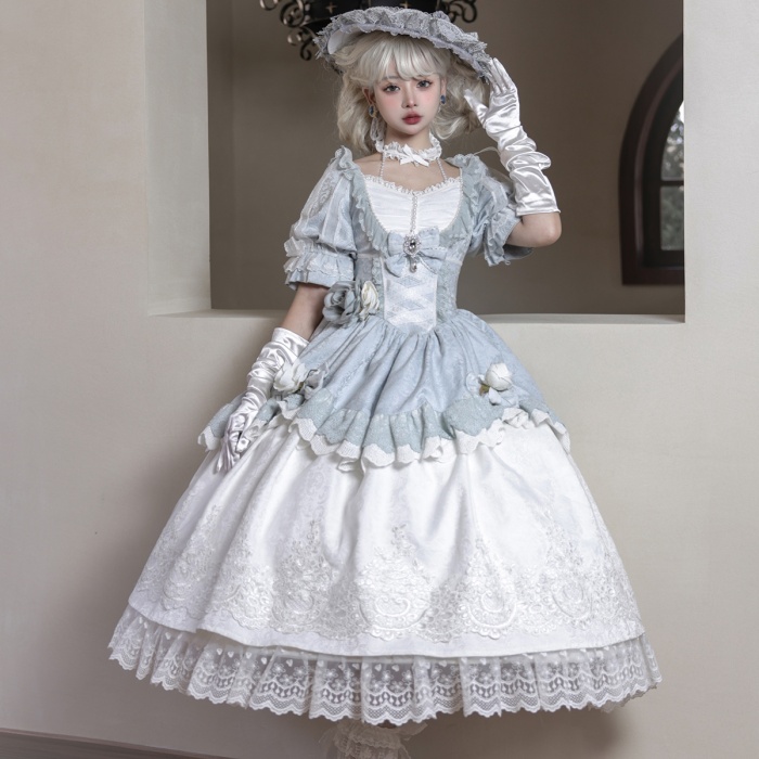 ロリータ 可愛い 萌え萌え リボン ワンピース Lolita ロング丈 レディース コスチューム お嬢様 パーティー 仮装 演出 ステージ 学園祭 文化祭 イベント ブルー S M L コスプレ・衣装のVings