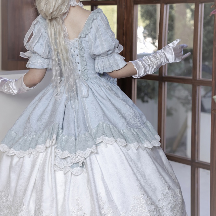 ロリータ 可愛い 萌え萌え リボン ワンピース Lolita ロング丈 レディース コスチューム お嬢様 パーティー 仮装 演出 ステージ 学園祭 文化祭 イベント ブルー S M L コスプレ・衣装のVings