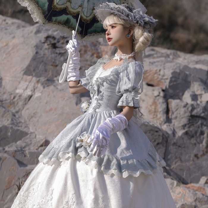 ロリータ 可愛い 萌え萌え リボン ワンピース Lolita ロング丈 レディース コスチューム お嬢様 パーティー 仮装 演出 ステージ 学園祭 文化祭 イベント ブルー S M L コスプレ・衣装のVings