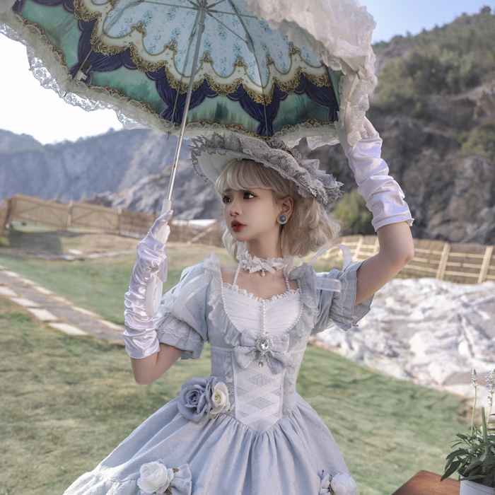 ロリータ 可愛い 萌え萌え リボン ワンピース Lolita ロング丈 レディース コスチューム お嬢様 パーティー 仮装 演出 ステージ 学園祭 文化祭 イベント ブルー S M L コスプレ・衣装のVings