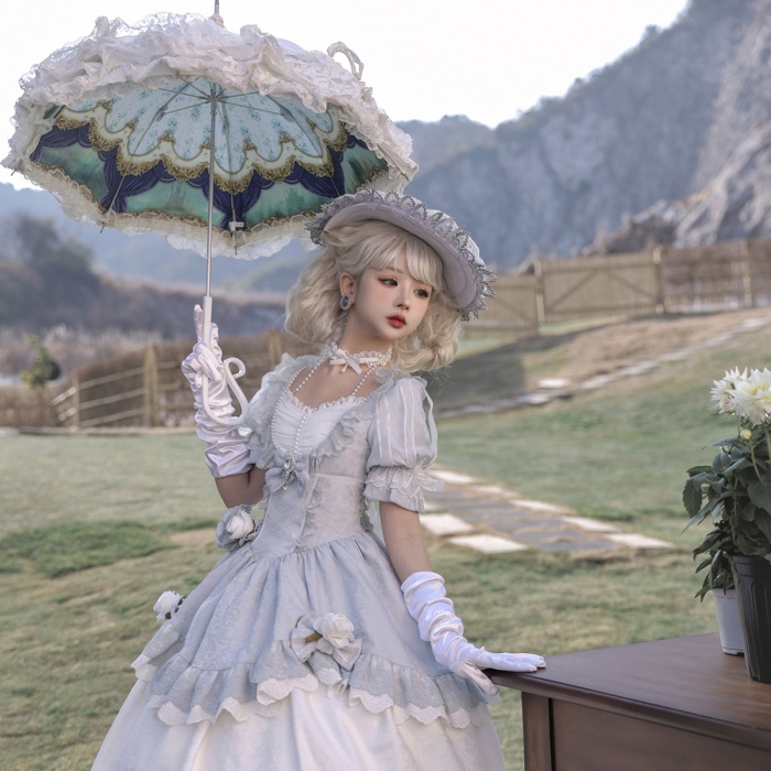 ロリータ 可愛い 萌え萌え リボン ワンピース Lolita ロング丈 レディース コスチューム お嬢様 パーティー 仮装 演出 ステージ 学園祭 文化祭 イベント ブルー S M L コスプレ・衣装のVings