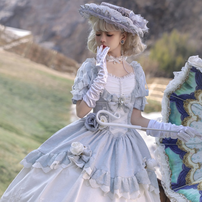 ロリータ 可愛い 萌え萌え リボン ワンピース Lolita ロング丈 レディース コスチューム お嬢様 パーティー 仮装 演出 ステージ 学園祭 文化祭 イベント ブルー S M L コスプレ・衣装のVings