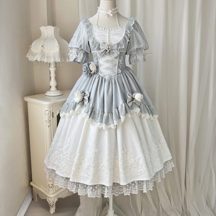 ロリータ 可愛い 萌え萌え リボン ワンピース Lolita ロング丈 レディース コスチューム お嬢様 パーティー 仮装 演出 ステージ 学園祭 文化祭 イベント ブルー S M L コスプレ・衣装のVings