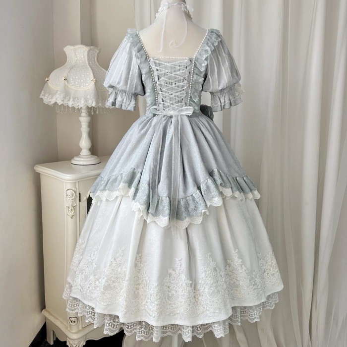 ロリータ 可愛い 萌え萌え リボン ワンピース Lolita ロング丈 レディース コスチューム お嬢様 パーティー 仮装 演出 ステージ 学園祭 文化祭 イベント ブルー S M L コスプレ・衣装のVings