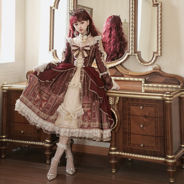 ロリータ 可愛い 萌え萌え リボン ワンピース Lolita ロング丈 レディース コスチューム お嬢様 パーティー 仮装 演出 ステージ 学園祭 文化祭 イベント レッド S M L コスプレ・衣装のVings