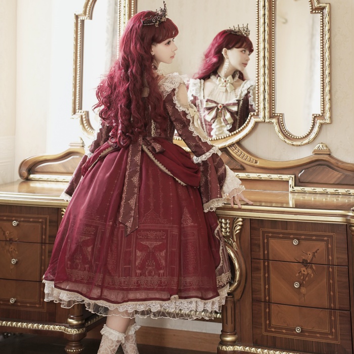 ロリータ 可愛い 萌え萌え リボン ワンピース Lolita ロング丈 レディース コスチューム お嬢様 パーティー 仮装 演出 ステージ 学園祭 文化祭 イベント レッド S M L コスプレ・衣装のVings