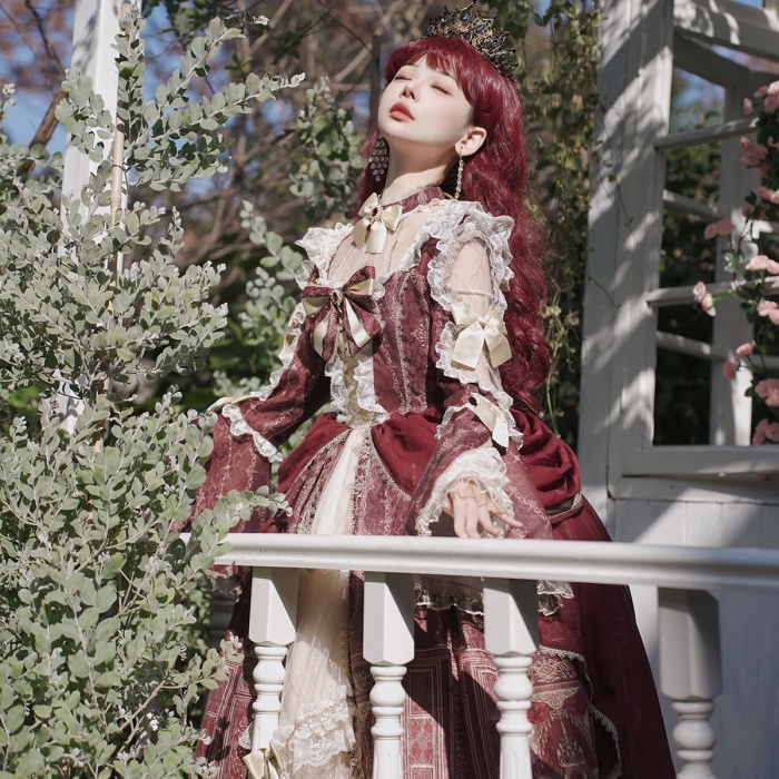 ロリータ 可愛い 萌え萌え リボン ワンピース Lolita ロング丈 レディース コスチューム お嬢様 パーティー 仮装 演出 ステージ 学園祭 文化祭 イベント レッド S M L コスプレ・衣装のVings