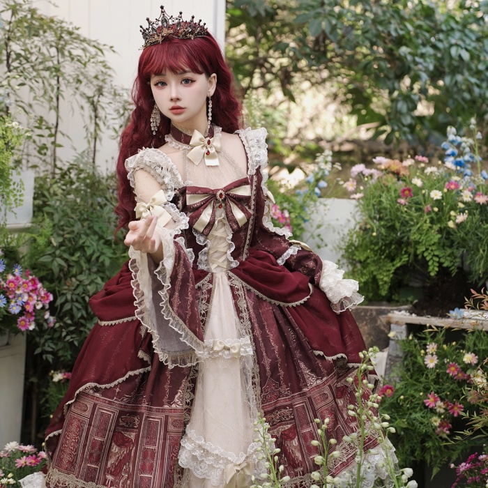 ロリータ 可愛い 萌え萌え リボン ワンピース Lolita ロング丈 レディース コスチューム お嬢様 パーティー 仮装 演出 ステージ 学園祭 文化祭 イベント レッド S M L コスプレ・衣装のVings