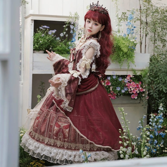 ロリータ 可愛い 萌え萌え リボン ワンピース Lolita ロング丈 レディース コスチューム お嬢様 パーティー 仮装 演出 ステージ 学園祭 文化祭 イベント レッド S M L コスプレ・衣装のVings