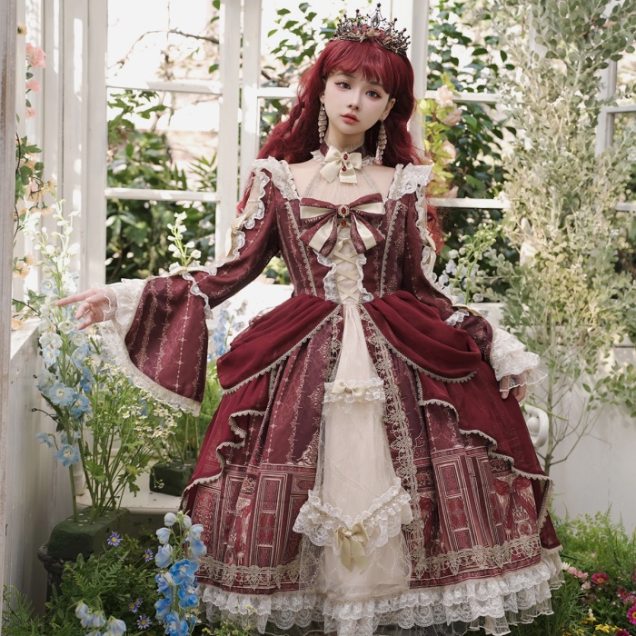 ロリータ 可愛い 萌え萌え リボン ワンピース Lolita ロング丈 レディース コスチューム お嬢様 パーティー 仮装 演出 ステージ 学園祭 文化祭 イベント レッド S M L コスプレ・衣装のVings