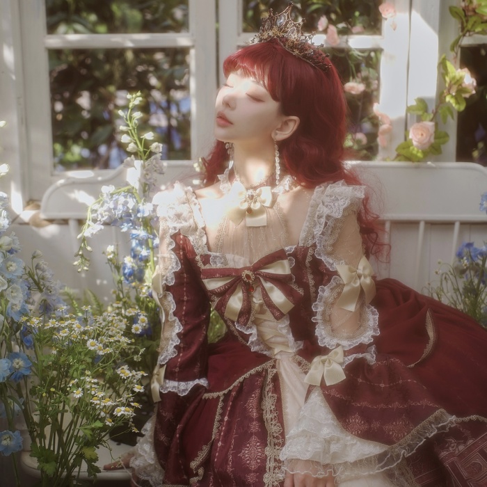 ロリータ 可愛い 萌え萌え リボン ワンピース Lolita ロング丈 レディース コスチューム お嬢様 パーティー 仮装 演出 ステージ 学園祭 文化祭 イベント レッド S M L コスプレ・衣装のVings