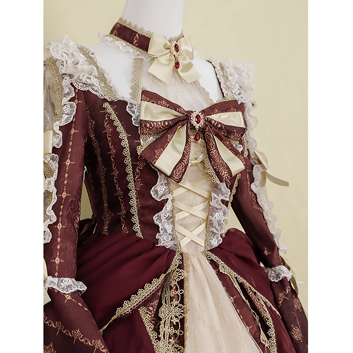 ロリータ 可愛い 萌え萌え リボン ワンピース Lolita ロング丈 レディース コスチューム お嬢様 パーティー 仮装 演出 ステージ 学園祭 文化祭 イベント レッド S M L コスプレ・衣装のVings