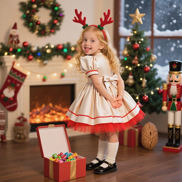 キッズドレス クリスマスツリー柄 パーティー リボン ドレス 膝丈 半袖 コスチューム衣装 子供ドレス パーティードレス カラードレス ワンピース お姫様 女の子 子供 かわいい ステージ 演出 イベント 写真用 レッド 70 80 90 100 110 コスプレ・衣装のVings