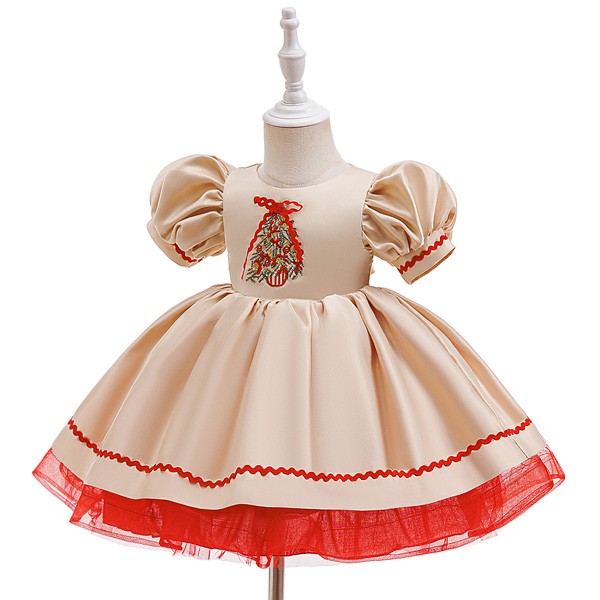 キッズドレス クリスマスツリー柄 パーティー リボン ドレス 膝丈 半袖 コスチューム衣装 子供ドレス パーティードレス カラードレス ワンピース お姫様 女の子 子供 かわいい ステージ 演出 イベント 写真用 レッド 70 80 90 100 110 コスプレ・衣装のVings