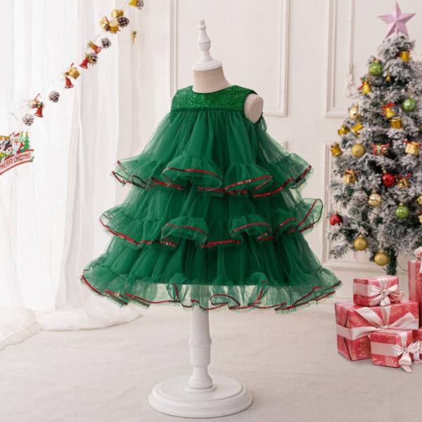 キッズドレス クリスマスツリー風 ティアードスカート ドレス 膝丈 ノースリーブ 袖なし コスチューム衣装 子供ドレス パーティードレス カラードレス ワンピース お姫様 女の子 子供 かわいい ステージ 演出 イベント 写真用 グリーン 90 100 110 120 130 コスプレ・衣装のVings
