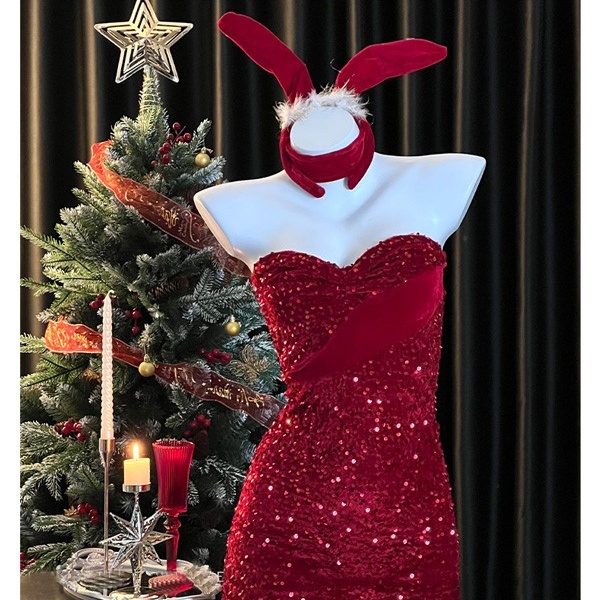サンタ コスプレ レディース ワンピース うさ耳 Xmas キラキラ クリスマス 冬 仮装 イベント 衣装 サンタ サンタクロース 赤 サンタコス エロ 可愛い コスチューム パーティ コスプレ・衣装のVings
