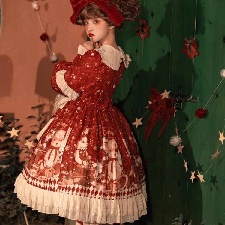 クリスマス風 レディース ワンピース ロリータ 長袖 おしゃれ かわいい カジュアル マント追加可 レッド S M L コスプレ・衣装のVings