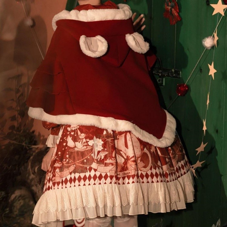 クリスマス風 レディース ワンピース ロリータ 長袖 おしゃれ かわいい カジュアル マント追加可 レッド S M L コスプレ・衣装のVings