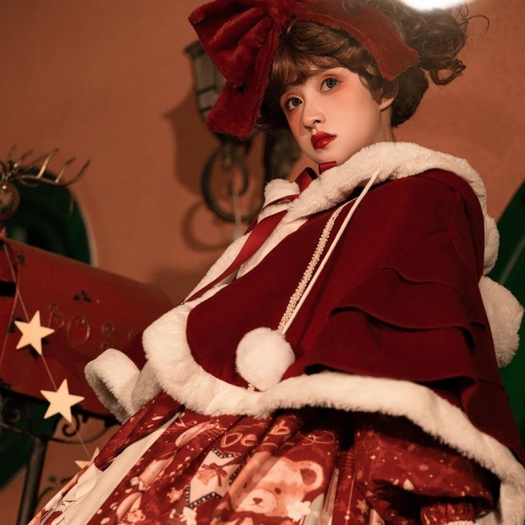 クリスマス風 レディース ワンピース ロリータ 長袖 おしゃれ かわいい カジュアル マント追加可 レッド S M L コスプレ・衣装のVings