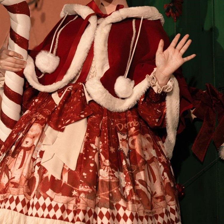 クリスマス風 レディース ワンピース ロリータ 長袖 おしゃれ かわいい カジュアル マント追加可 レッド S M L コスプレ・衣装のVings