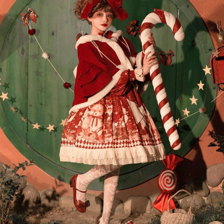 クリスマス風 レディース ワンピース ロリータ 長袖 おしゃれ かわいい カジュアル マント追加可 レッド S M L コスプレ・衣装のVings