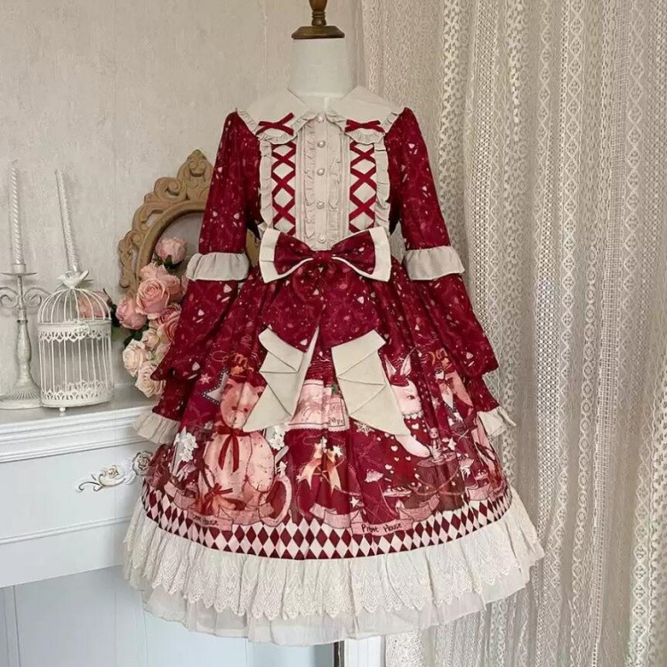 クリスマス風 レディース ワンピース ロリータ 長袖 おしゃれ かわいい カジュアル マント追加可 レッド S M L コスプレ・衣装のVings