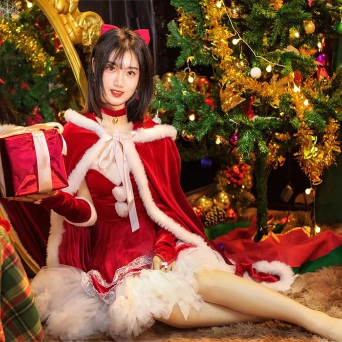 クリスマスマント サンタマント レッド アント レディース フード付き ケープ ベルベット風 ファー付き ロング丈 60cm 90cm 100cm 120cm 150cm クリスマス衣装 コスチューム 仮装 イベント 撮影用 コスプレ・衣装のVings