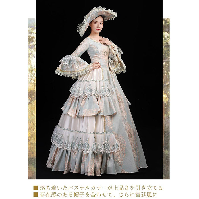 お姫様ドレス lolita 舞台衣装 オペラ声楽 ロココ調プリンセスドレス 中世お姫様ドレス お嬢様 貴族ドレス パーティー 中世ドレス 歌劇 ジャガード織 ライトブルー 演奏会用ロングドレス フリル Aライン サイズ指定 コスプレ・衣装のVings