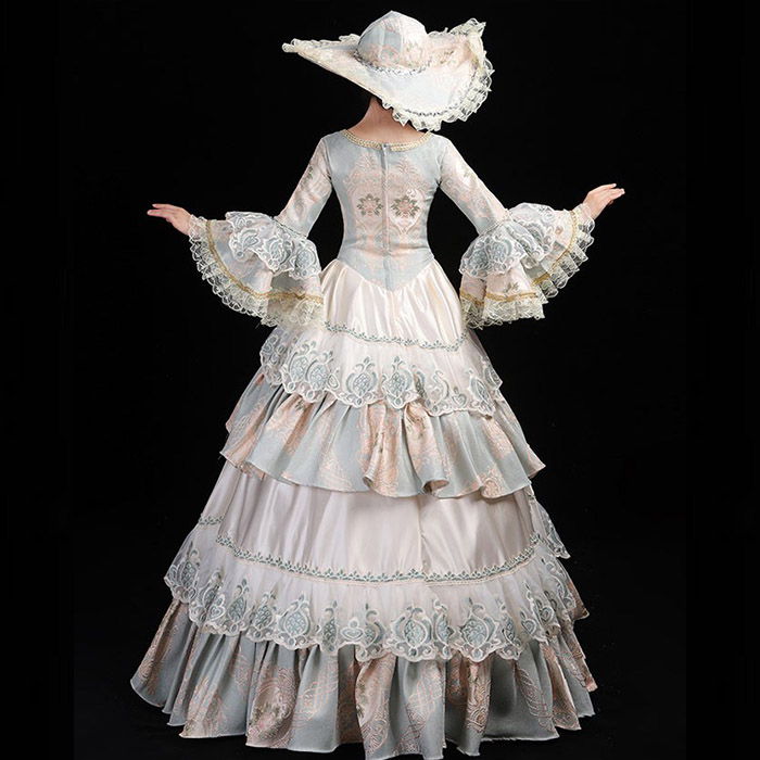 お姫様ドレス lolita 舞台衣装 オペラ声楽 ロココ調プリンセスドレス 中世お姫様ドレス お嬢様 貴族ドレス パーティー 中世ドレス 歌劇 ジャガード織 ライトブルー 演奏会用ロングドレス フリル Aライン サイズ指定 コスプレ・衣装のVings