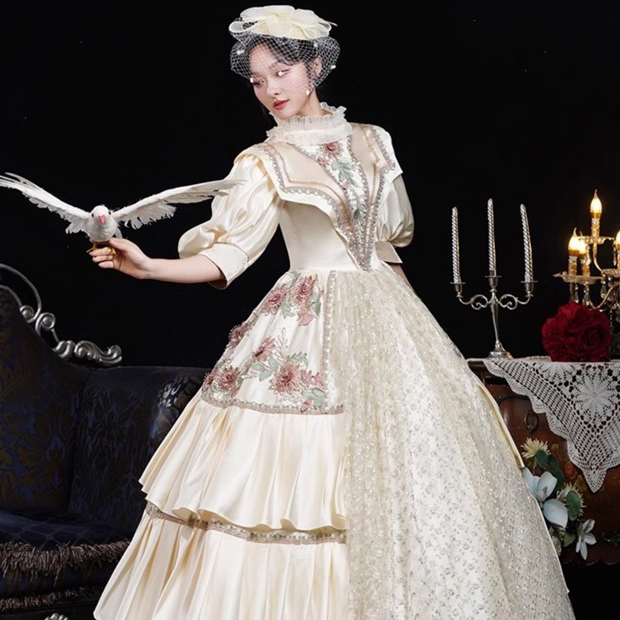 お姫様ドレス lolita 舞台衣装 オペラ声楽 ロココ調プリンセスドレス 中世お姫様ドレス お嬢様 ロマンチック 貴族ドレス パーティー 中世ドレス 歌劇 ジャガード織 ピンク×クリーム 演奏会用ロングドレス フリル Aライン サイズ指定 コスプレ・衣装のVings