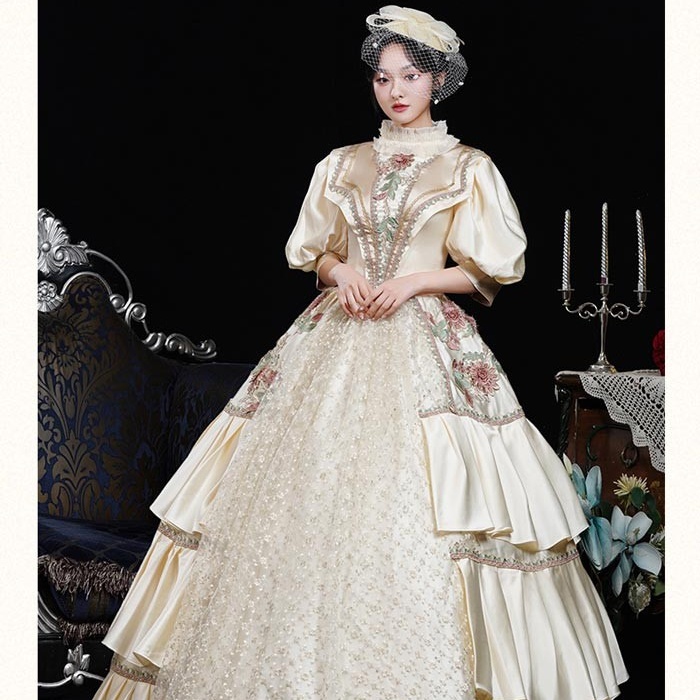 お姫様ドレス lolita 舞台衣装 オペラ声楽 ロココ調プリンセスドレス 中世お姫様ドレス お嬢様 ロマンチック 貴族ドレス パーティー 中世ドレス 歌劇 ジャガード織 ピンク×クリーム 演奏会用ロングドレス フリル Aライン サイズ指定 コスプレ・衣装のVings