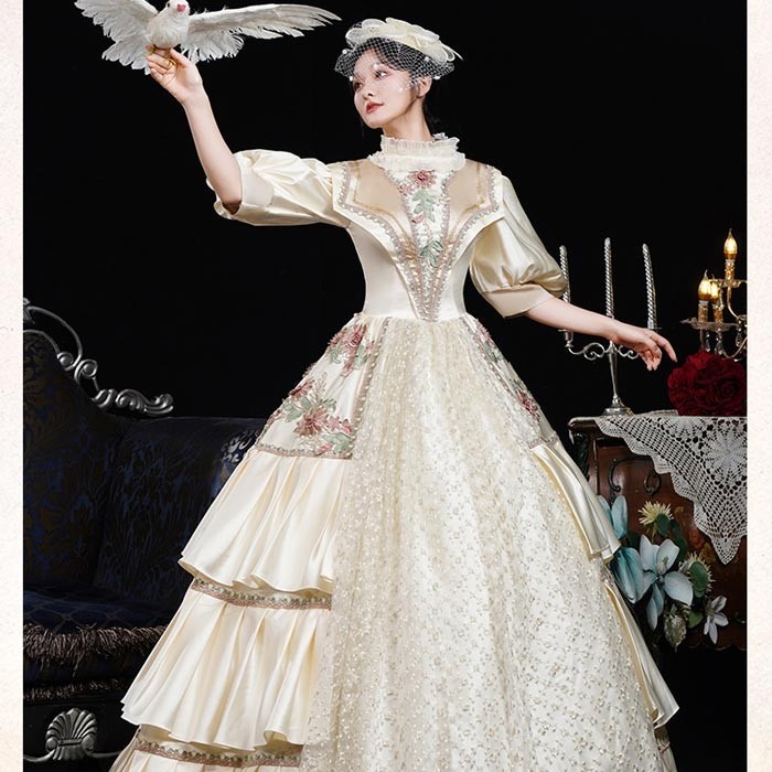 お姫様ドレス lolita 舞台衣装 オペラ声楽 ロココ調プリンセスドレス 中世お姫様ドレス お嬢様 ロマンチック 貴族ドレス パーティー 中世ドレス 歌劇 ジャガード織 ピンク×クリーム 演奏会用ロングドレス フリル Aライン サイズ指定 コスプレ・衣装のVings