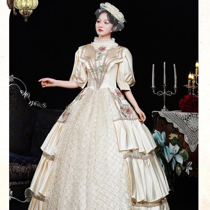 お姫様ドレス lolita 舞台衣装 オペラ声楽 ロココ調プリンセスドレス 中世お姫様ドレス お嬢様 ロマンチック 貴族ドレス パーティー 中世ドレス 歌劇 ジャガード織 ピンク×クリーム 演奏会用ロングドレス フリル Aライン サイズ指定 コスプレ・衣装のVings