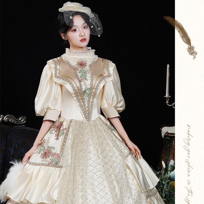 お姫様ドレス lolita 舞台衣装 オペラ声楽 ロココ調プリンセスドレス 中世お姫様ドレス お嬢様 ロマンチック 貴族ドレス パーティー 中世ドレス 歌劇 ジャガード織 ピンク×クリーム 演奏会用ロングドレス フリル Aライン サイズ指定 コスプレ・衣装のVings