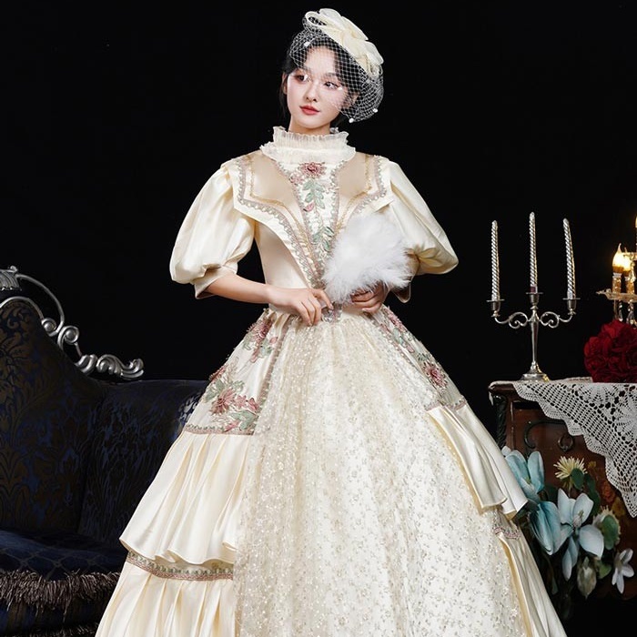 お姫様ドレス lolita 舞台衣装 オペラ声楽 ロココ調プリンセスドレス 中世お姫様ドレス お嬢様 ロマンチック 貴族ドレス パーティー 中世ドレス 歌劇 ジャガード織 ピンク×クリーム 演奏会用ロングドレス フリル Aライン サイズ指定 コスプレ・衣装のVings